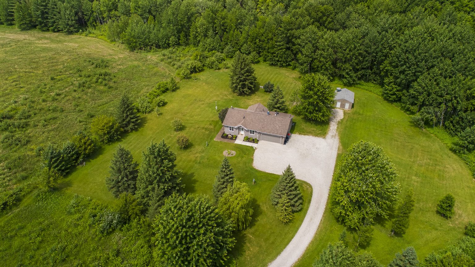 Aerial overview of a rural property and surrounding land