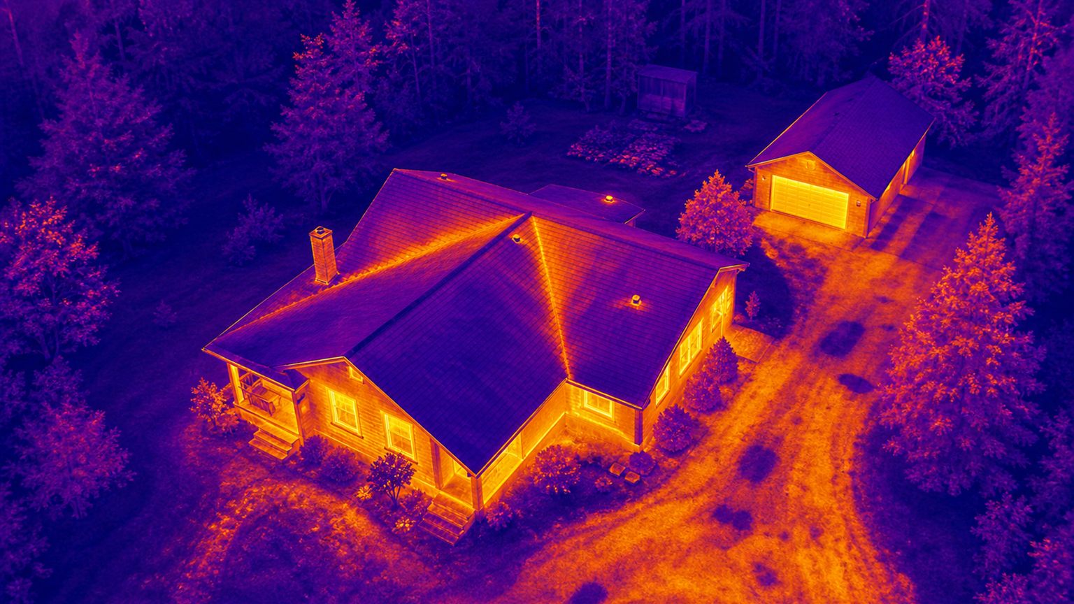 False-colour thermal aerial view of a building exterior
